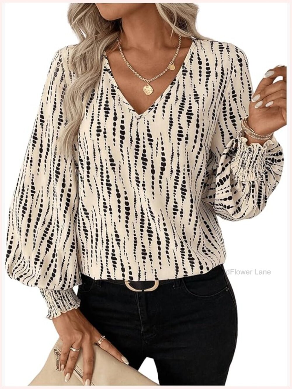 Allover Printed Blouse V Neck Lantern Long Sleeve Shirred Casual Work Top